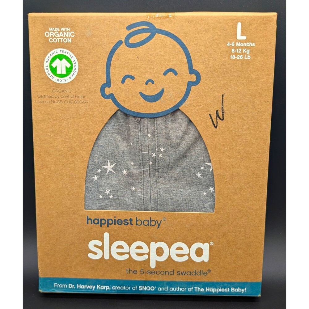 Happiest Baby Sleepea Organic Cotton Swaddle, Moon & Stars Gray, 4-6 Months